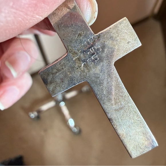 Taxco Mexico Sterling silver Blue Orange Glass Southwestern Cross Pendent - Picture 10 of 16